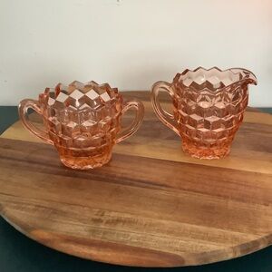Vintage Pink Depression Glass Sugar & Creamer Set Pressed Glass Tableware 1940s